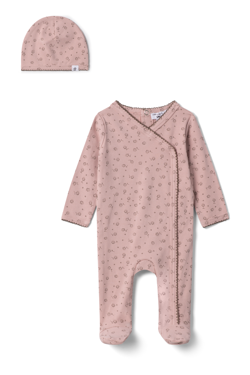 Baby Flower Jersey Knit Footie With Scallop Stitches- Mauve