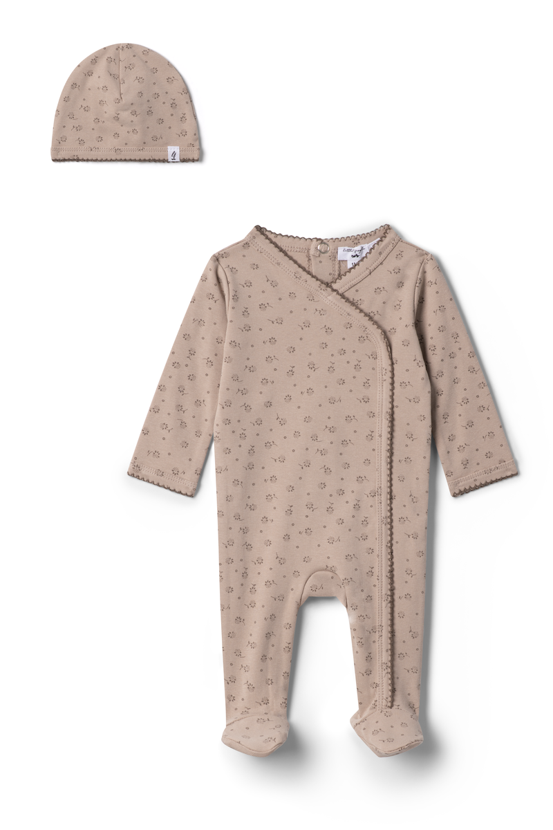 Baby Flower Jersey Knit Footie With Scallop Stitches- Taupe